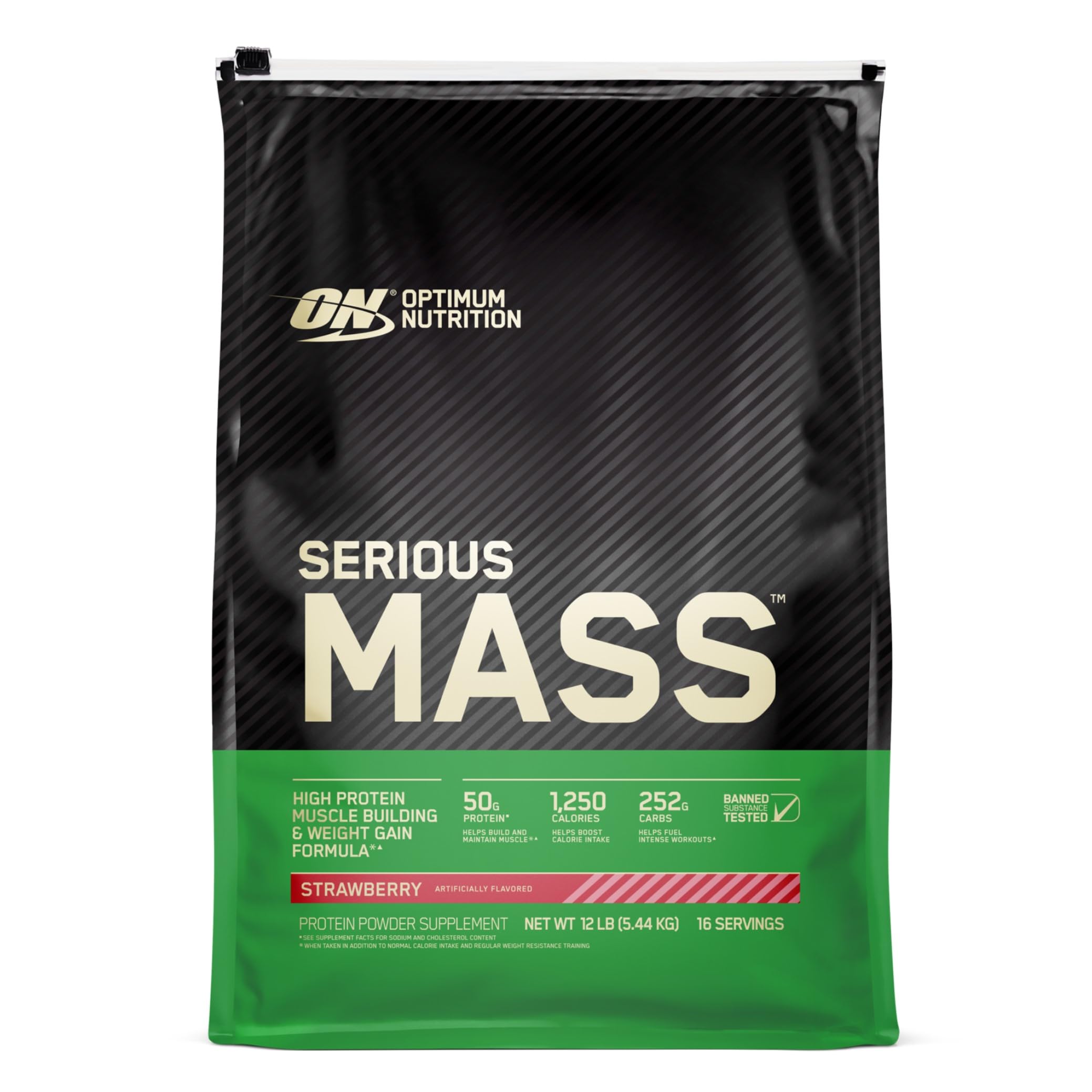 Optimum Nutrition Serious Mass strawberry 12lb container for bulk gains.