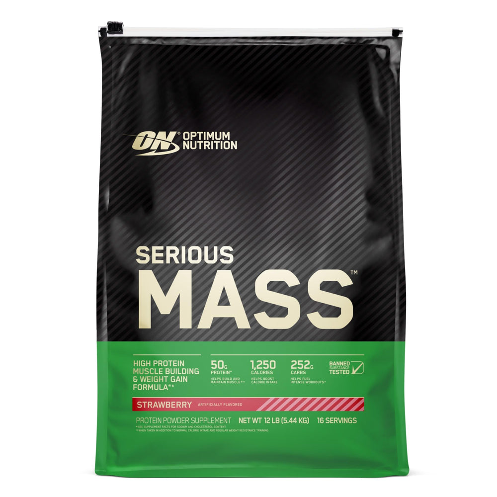 Optimum Nutrition Serious Mass strawberry 12lb container for bulk gains.