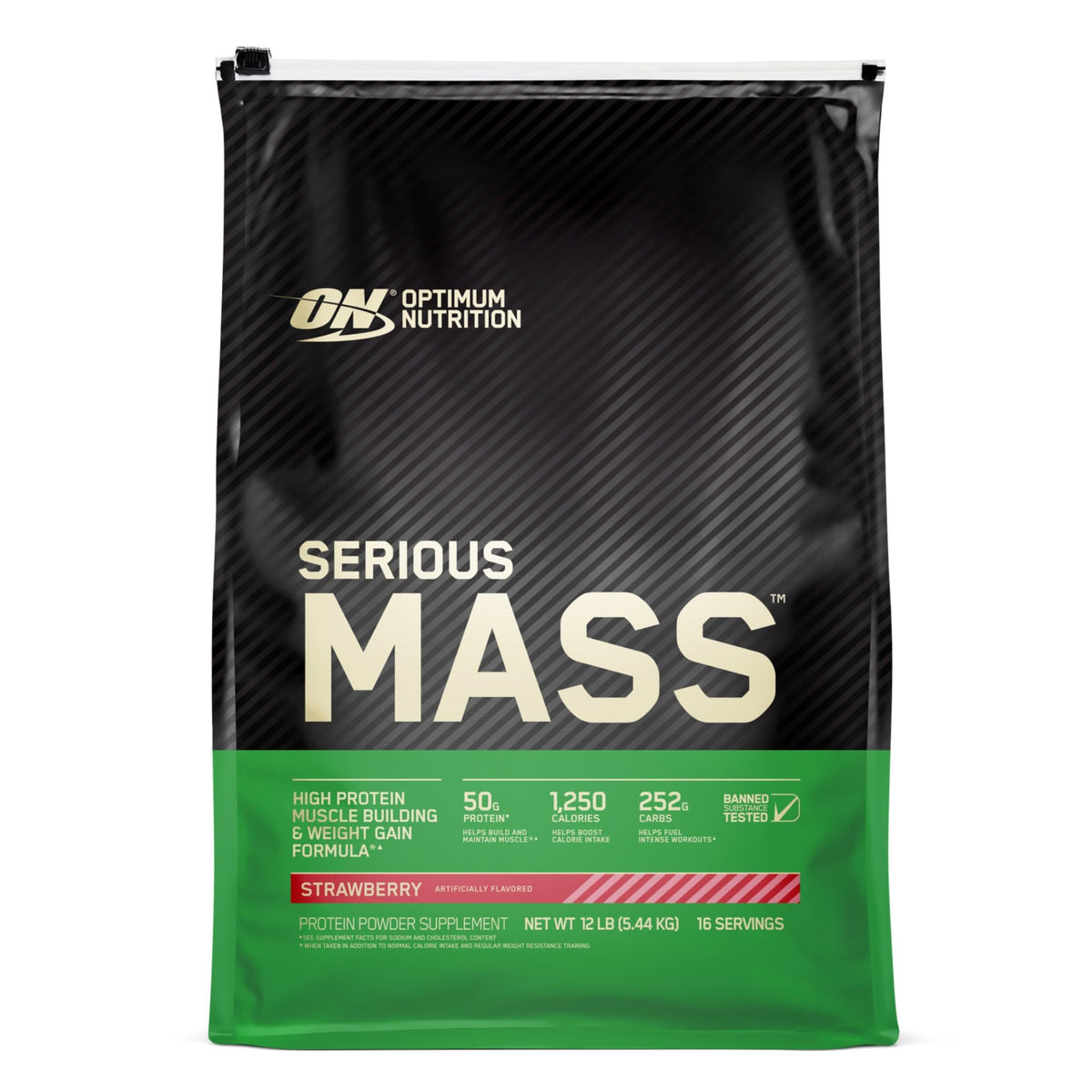 Optimum Nutrition Serious Mass strawberry 12lb container for bulk gains.