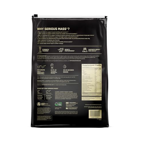 Optimum Nutrition Serious Mass label close-up showing calories and protein.