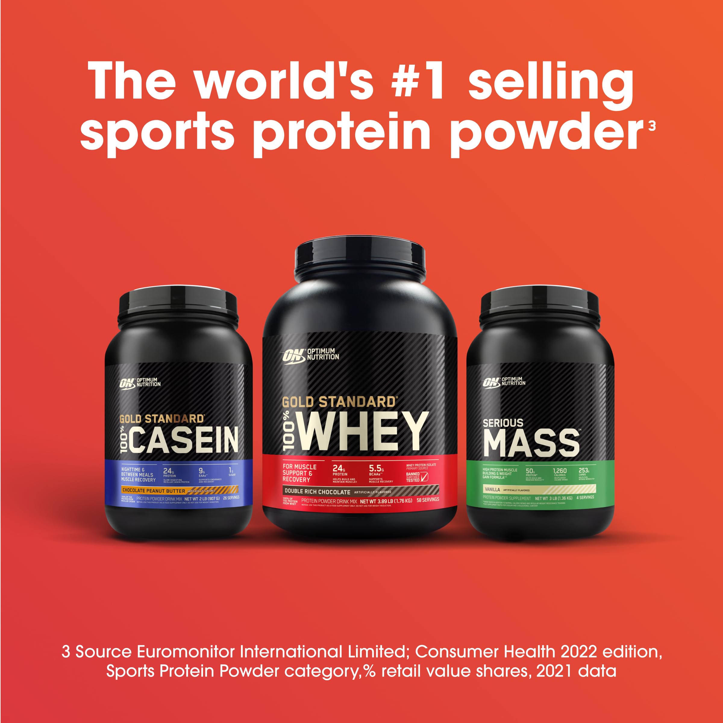 Optimum Nutrition Serious Mass strawberry powder with spoon ready to measure.
