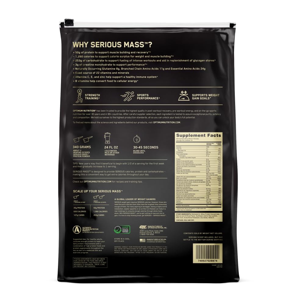 Optimum Nutrition Serious Mass label emphasizes calories per serving for planning.