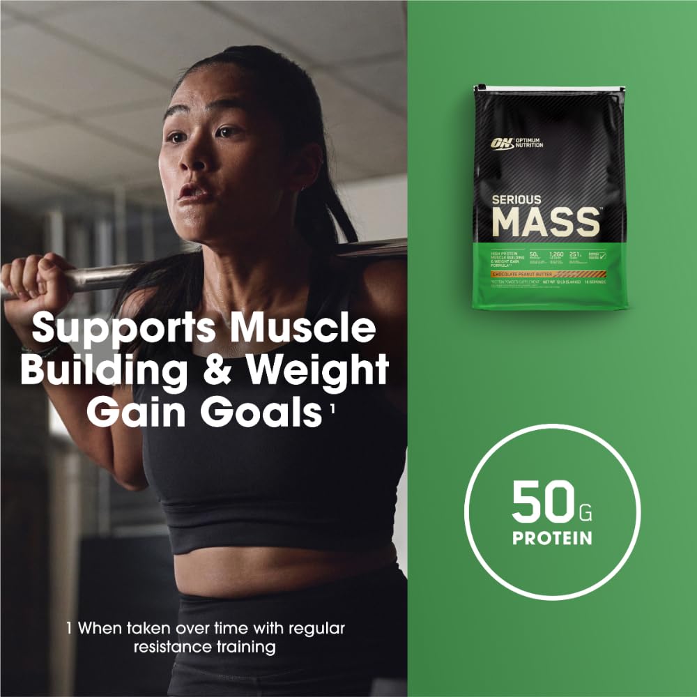 Optimum Nutrition Serious Mass two-scoop serving staged in shaker for easy meal supplement