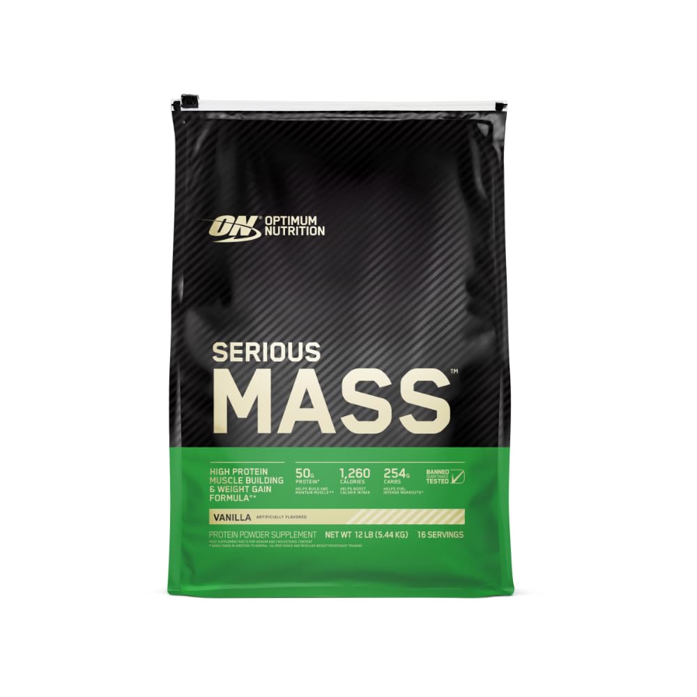 Optimum Nutrition Serious Mass vanilla powder in a jar for high calorie fueling toward weight gain goals