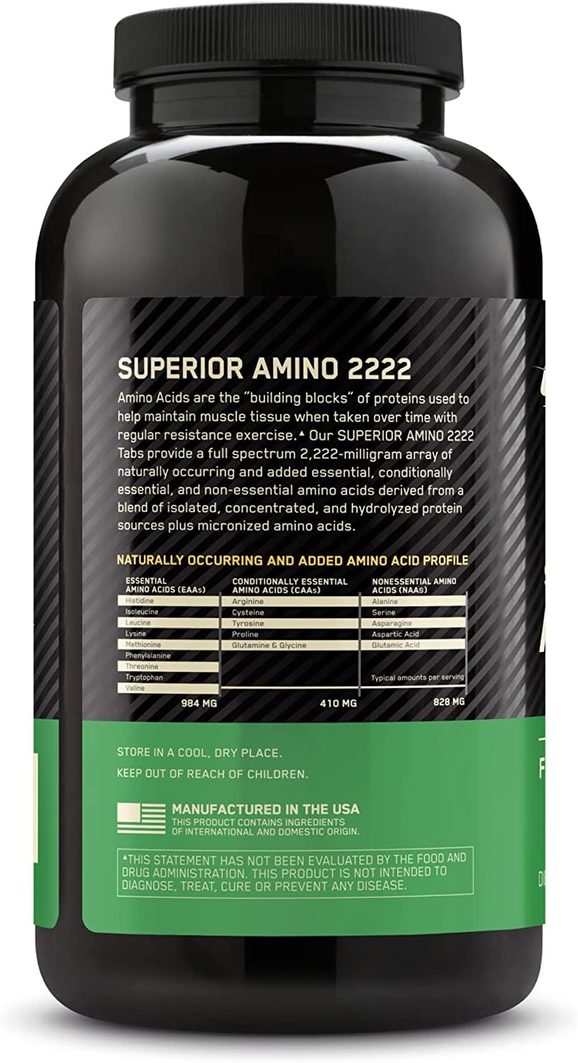 Boxed Optimum Nutrition Superior Amino 2222 with 325 tablets displayed.