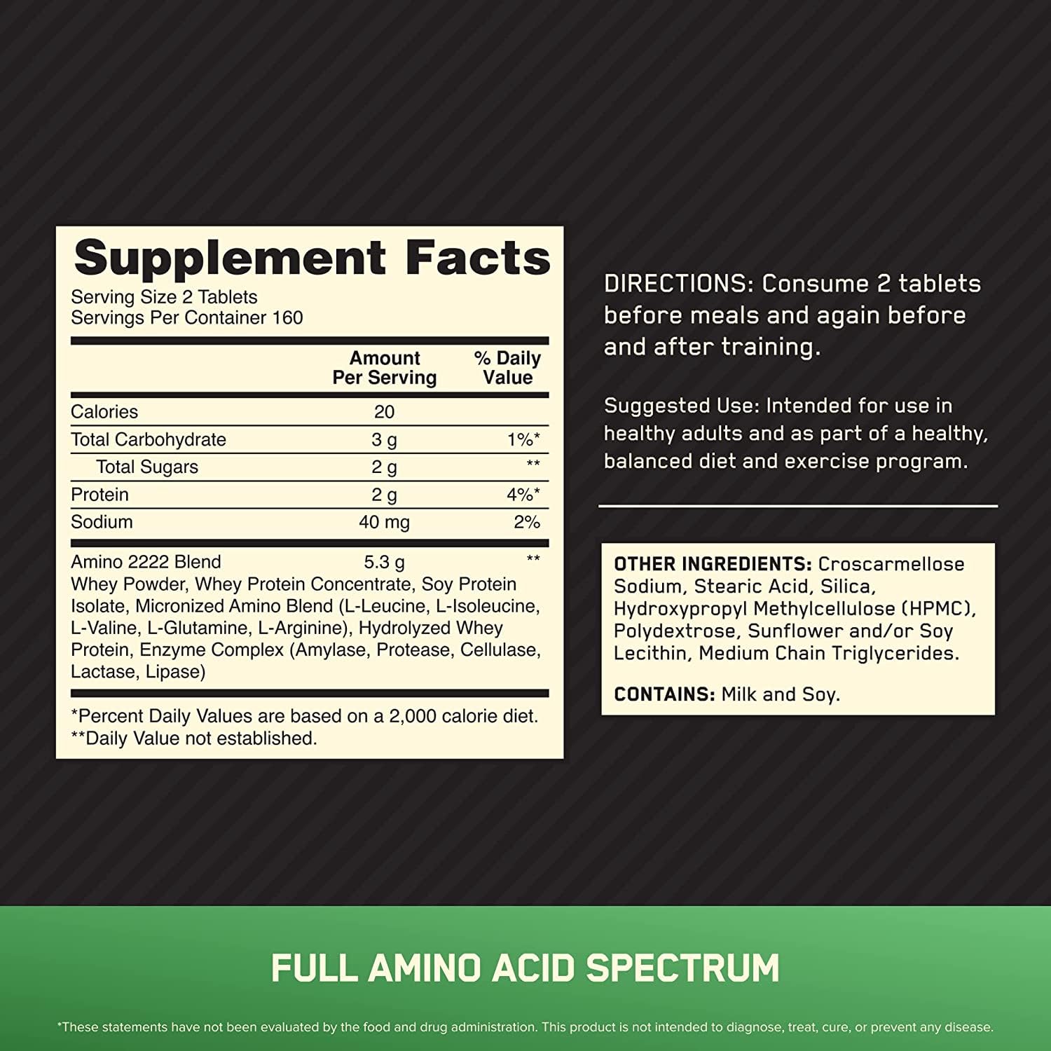 Close-up of the label on Optimum Nutrition Superior Amino 2222.