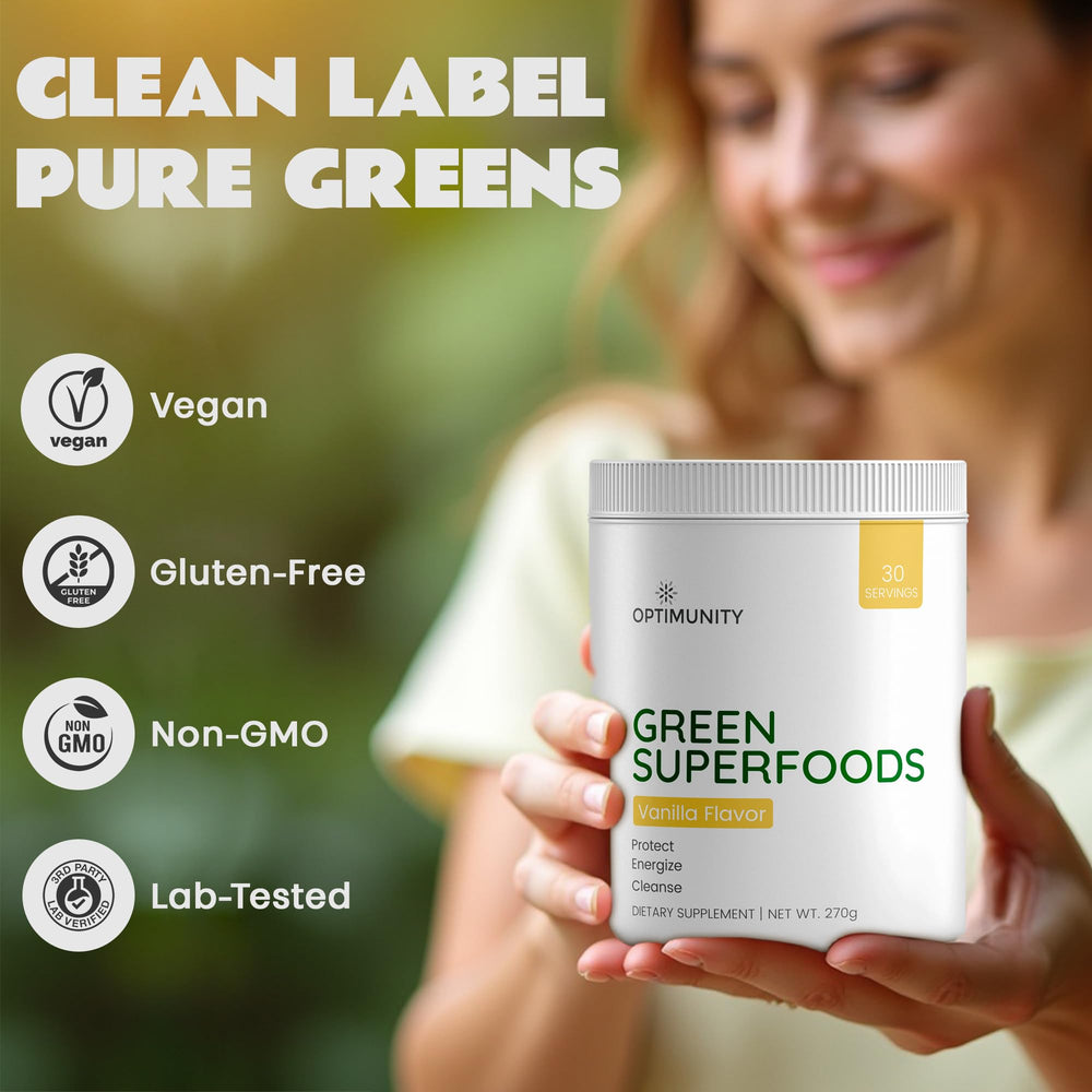 Optimunity Super Greens detox ingredients like milk thistle and turmeric on label