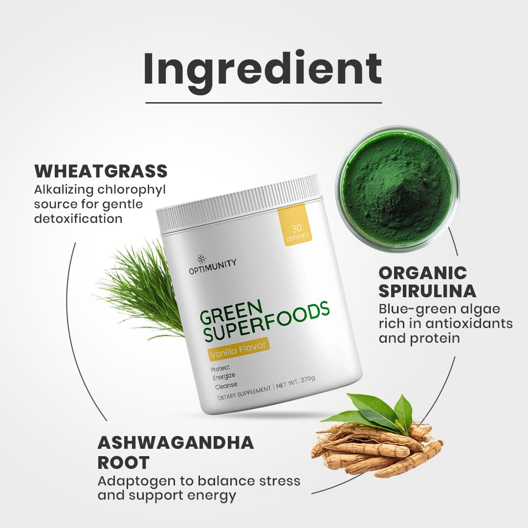 Optimunity Super Greens powder poured into glass for a nourishing drink