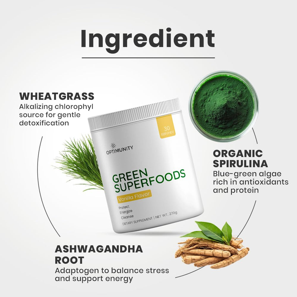 Optimunity Super Greens powder poured into glass for a nourishing drink