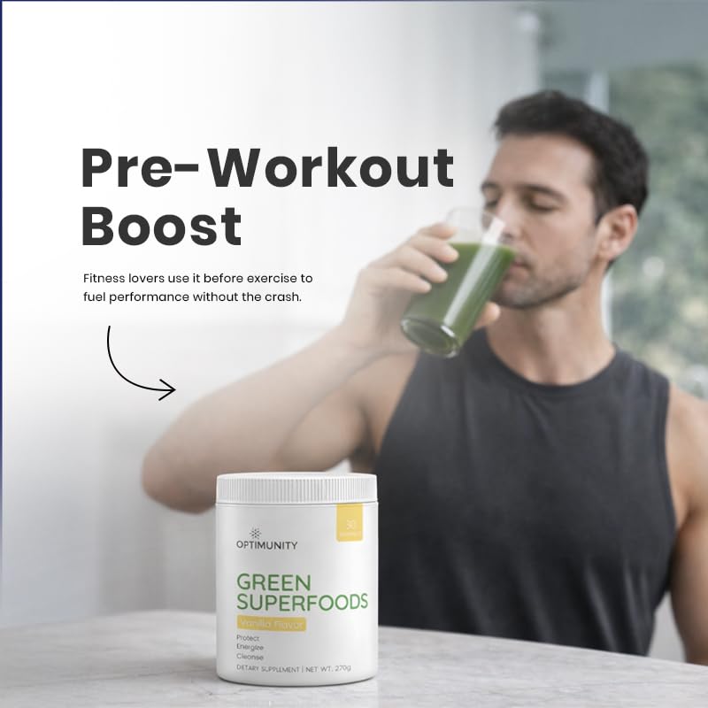 Optimunity Super Greens probiotic and enzyme blend packaging highlighting gut support