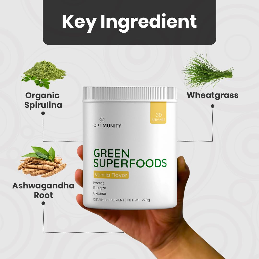 Optimunity Super Greens scoop dispensing powder for easy daily use