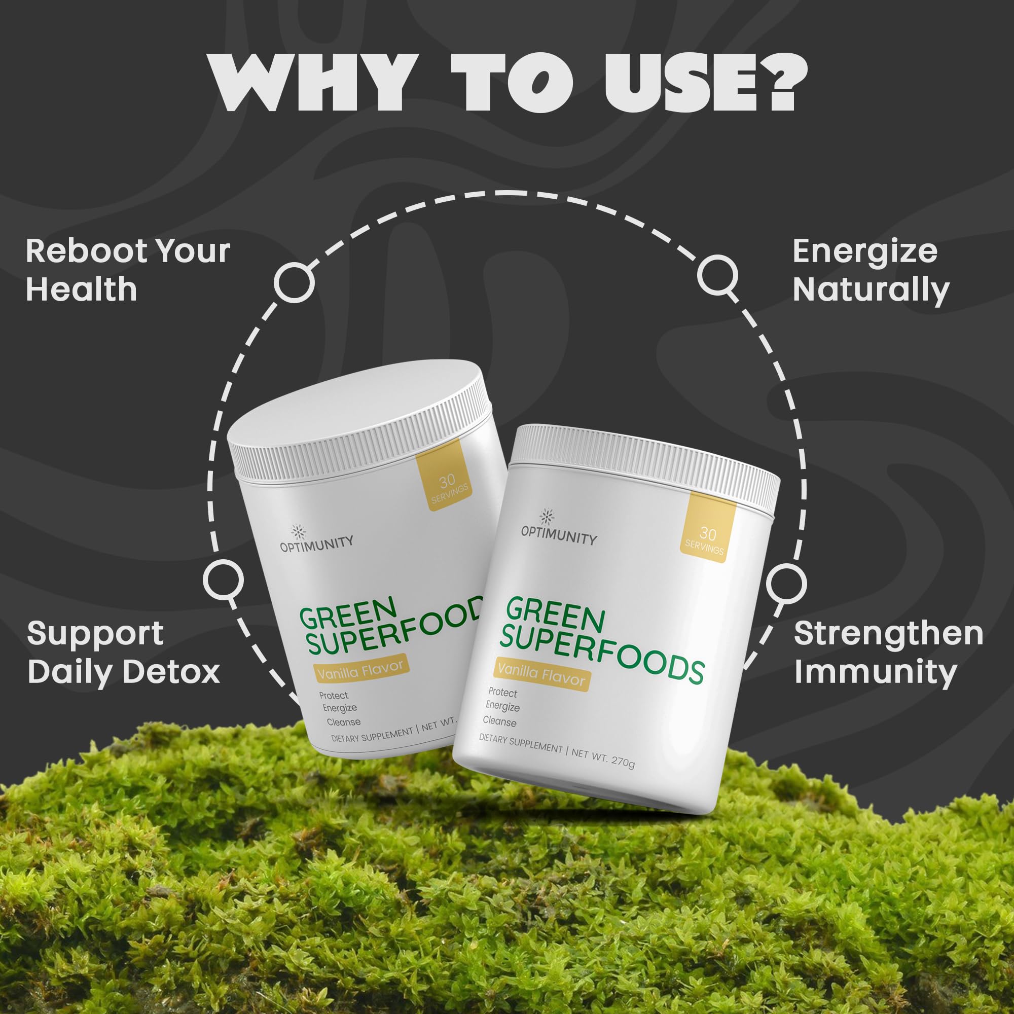 Optimunity Super Greens close-up of spirulina and chlorella for nutrient-dense greens