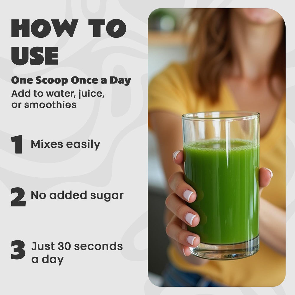 Optimunity Super Greens being stirred in water for a quick wellness ritual