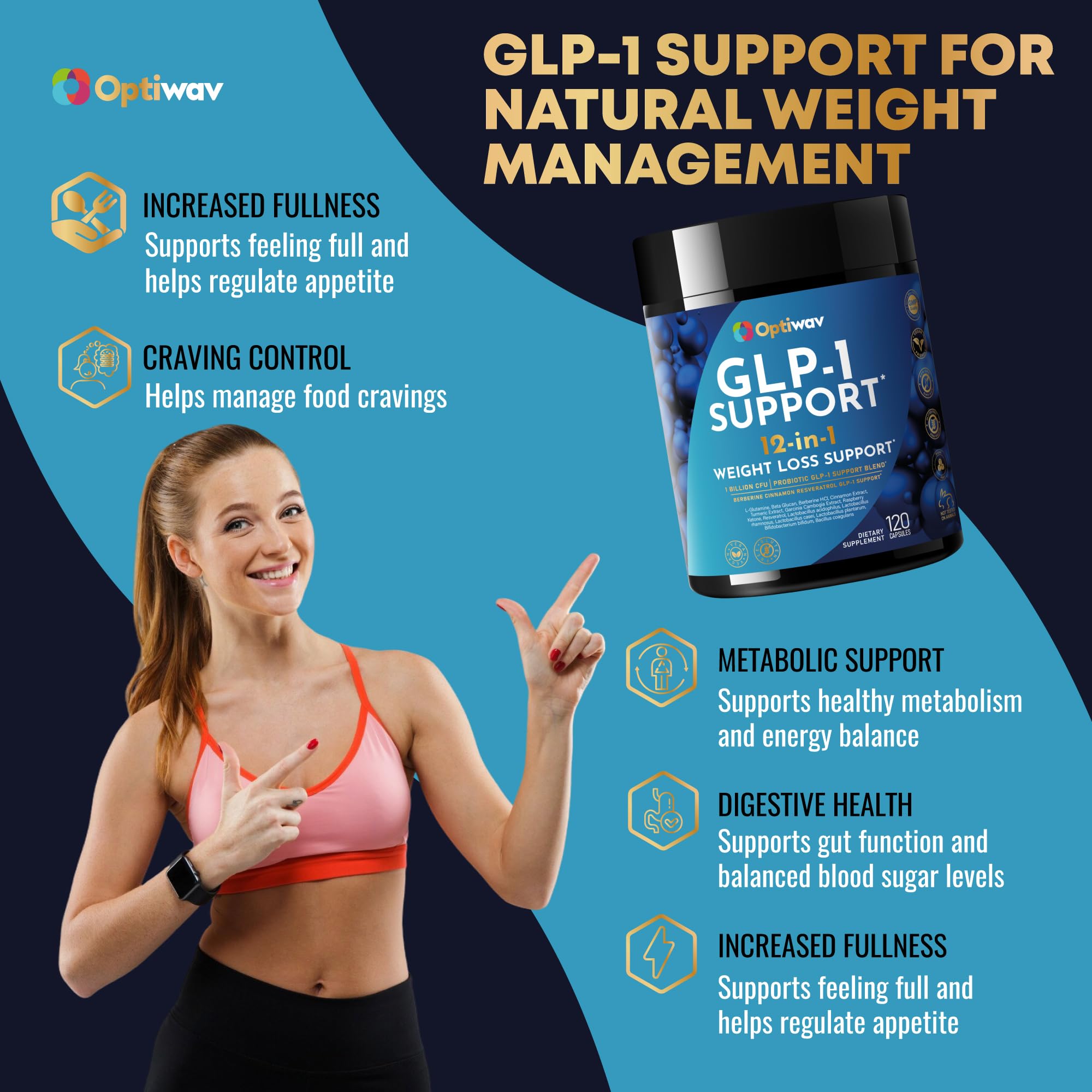 Optiwav GLP-1 capsules close-up showing vegan formula