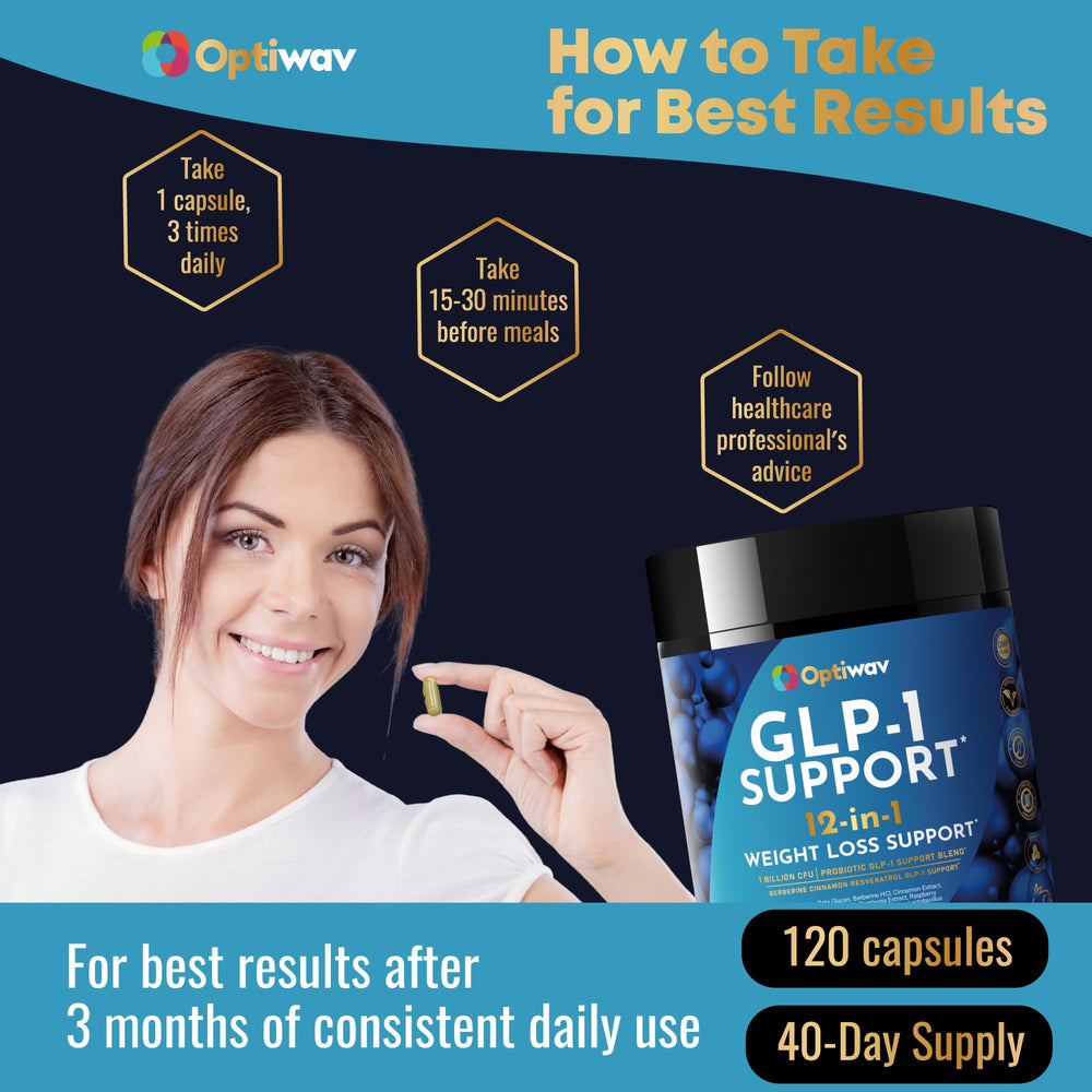 Optiwav GLP-1 bottle beside measuring spoon