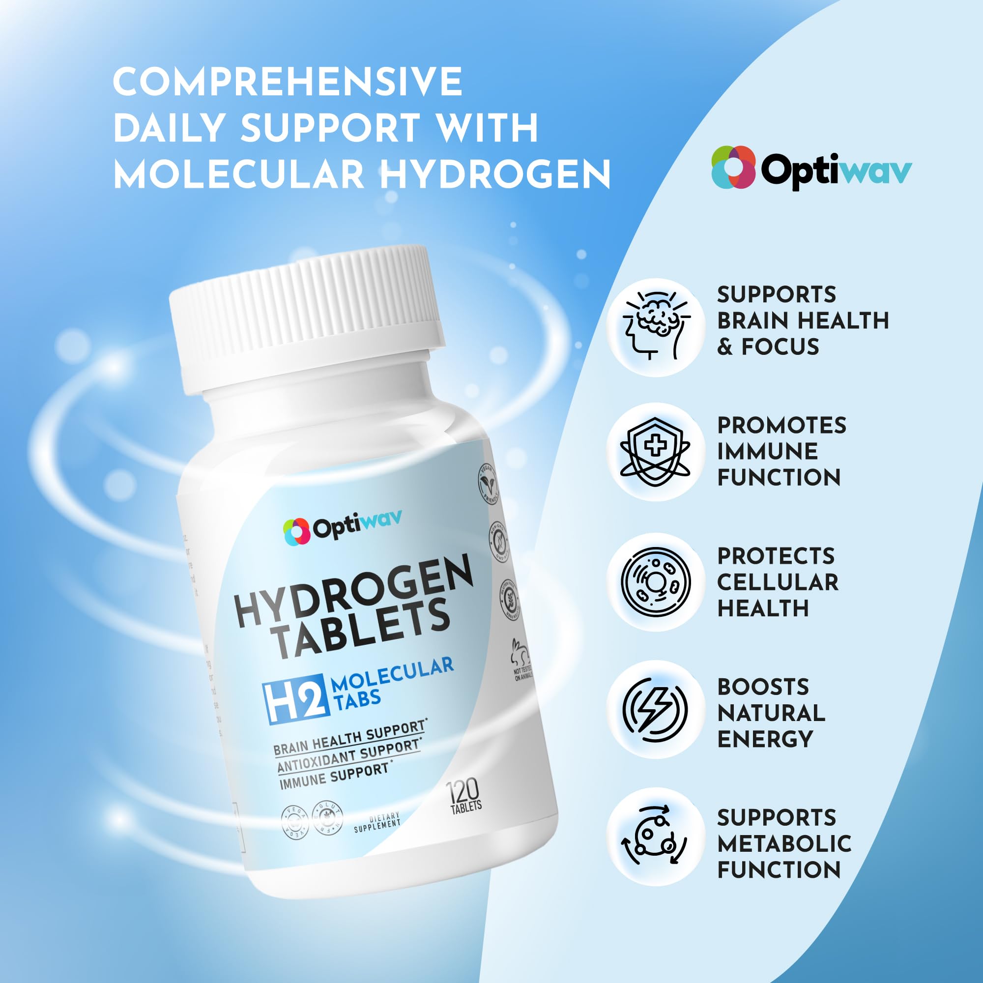 Optiwav bottle with tablets ready to dissolve showcases convenient daily wellness on the go.
