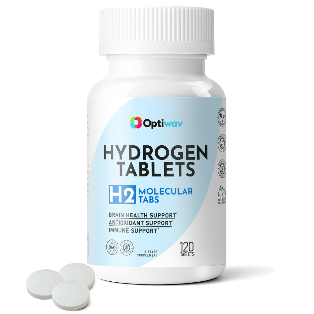 Optiwav hydrogen tablets dissolving in water for instant hydration and antioxidant support.