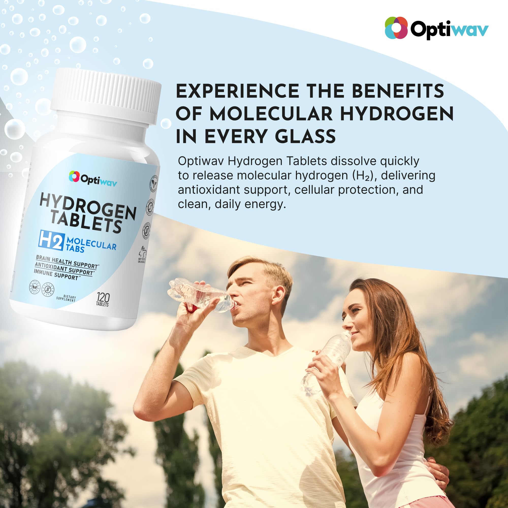 Optiwav magnesium gluconate tablet close-up highlights natural energy support.