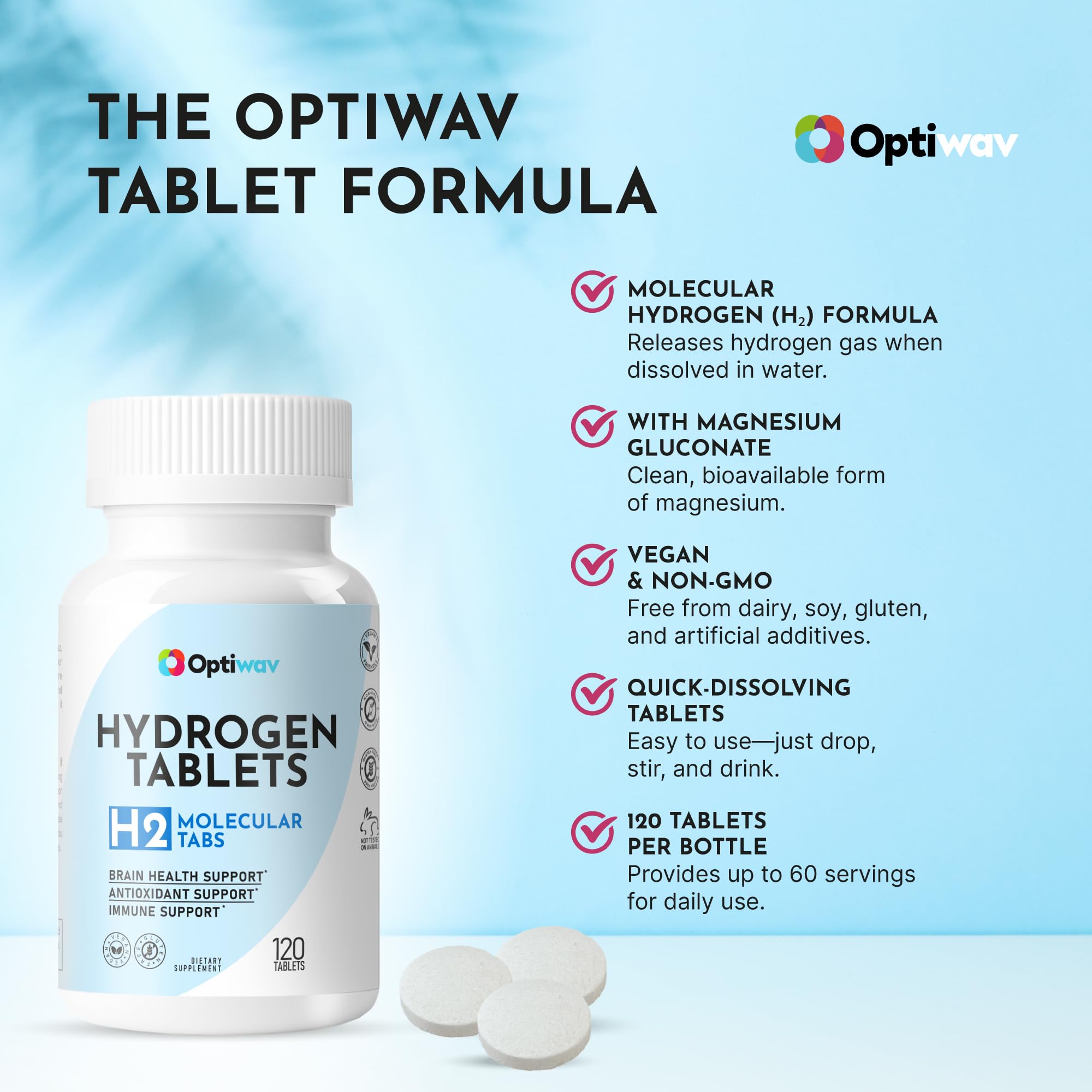 Optiwav hydrogen tablets dissolving in clear water with bubbles signaling fast activation and energy.