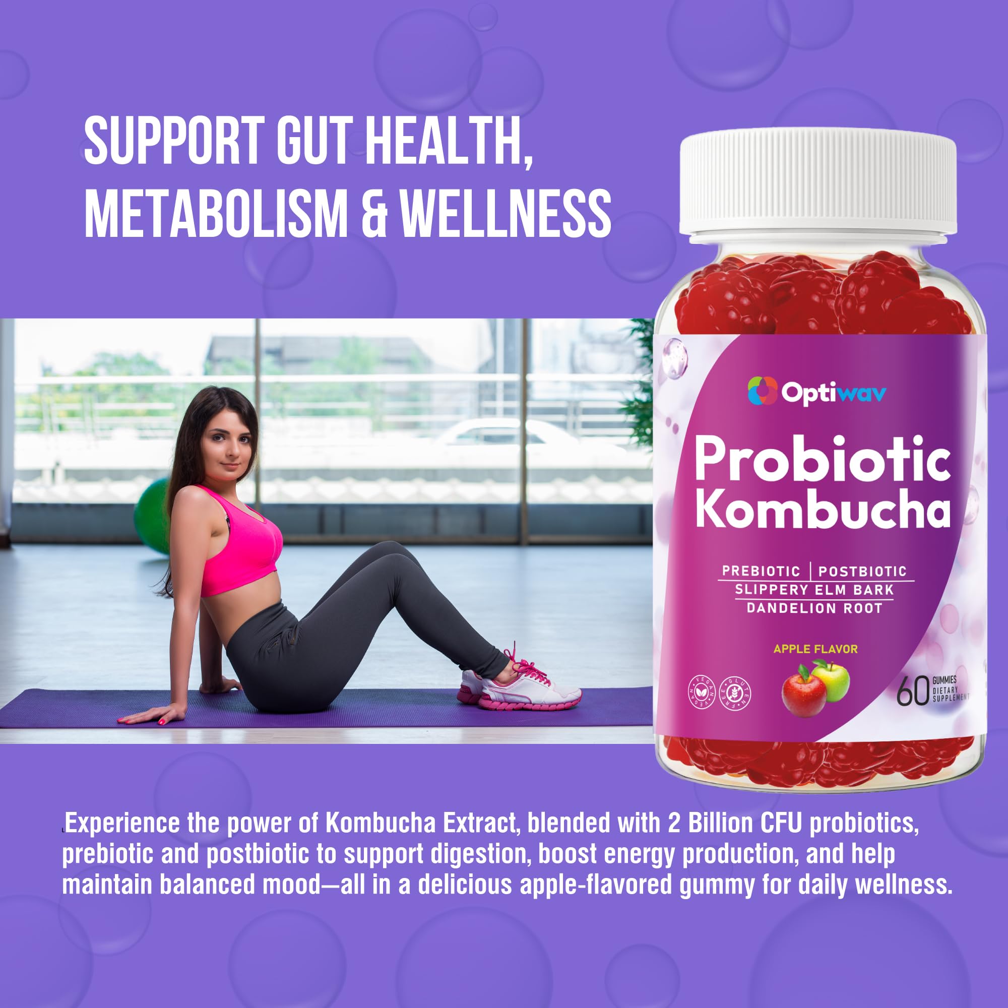 Optiwav Probiotic Kombucha Gummies bottle back showing ingredients for digestion and metabolism.