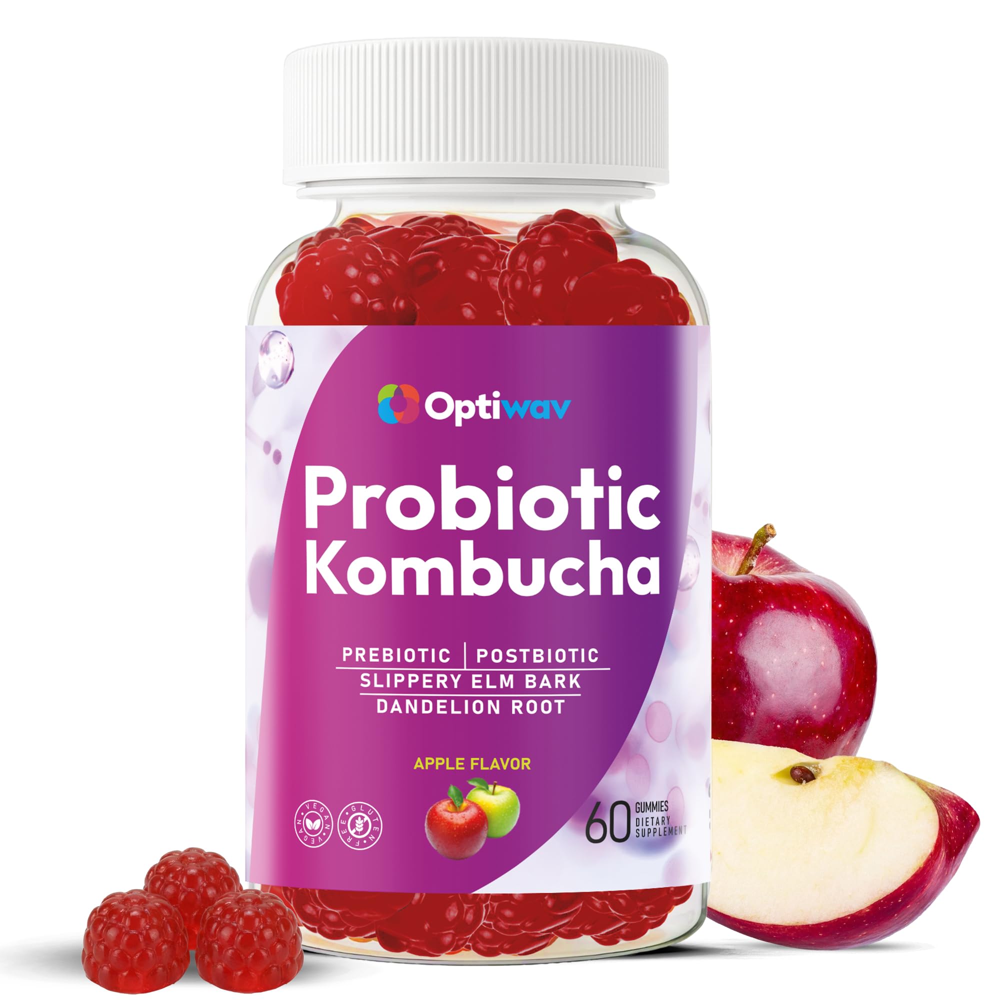 Optiwav Probiotic Kombucha Gummies bottle front for daily gut balance and energy support.