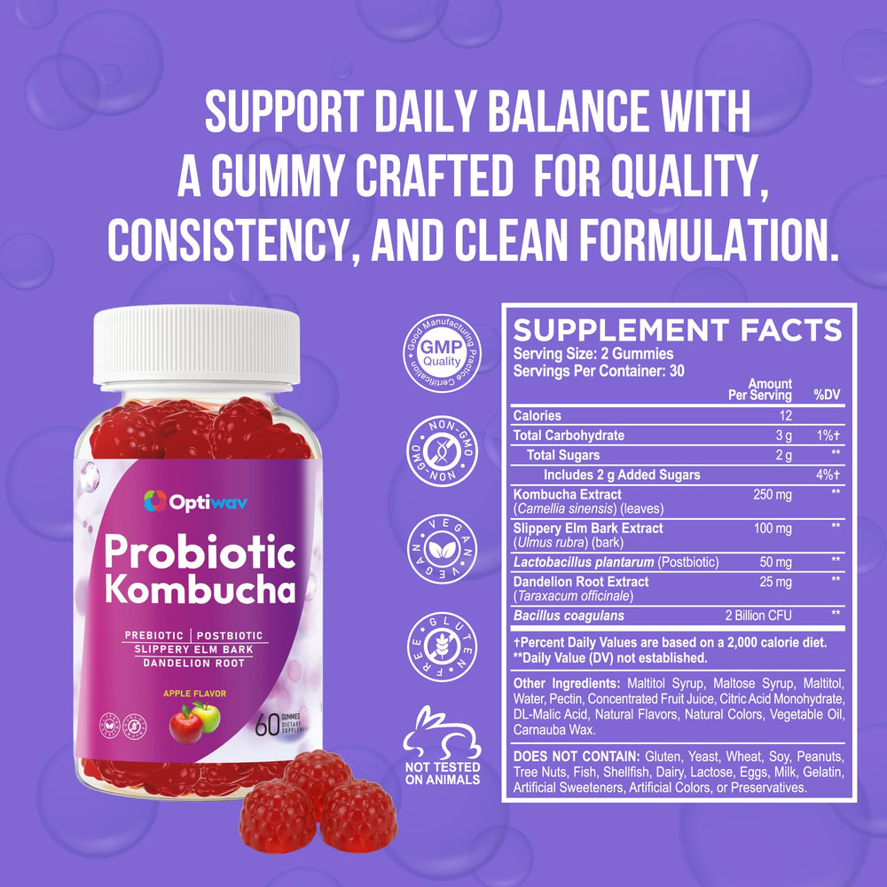 Optiwav Probiotic Kombucha Gummies apple-flavored gummies on a store shelf.