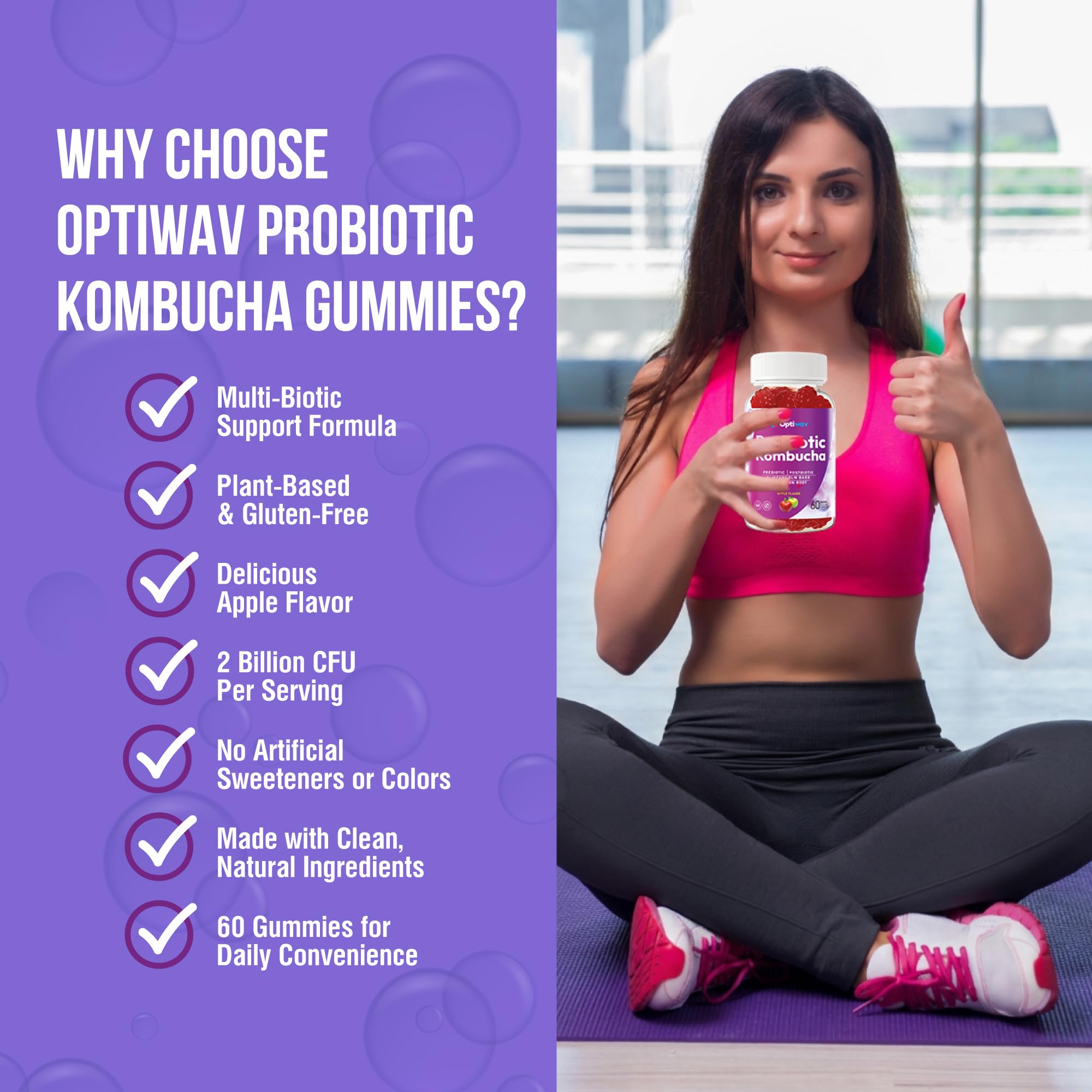 Optiwav Probiotic Kombucha Gummies packaging with nutrition label for informed choices.