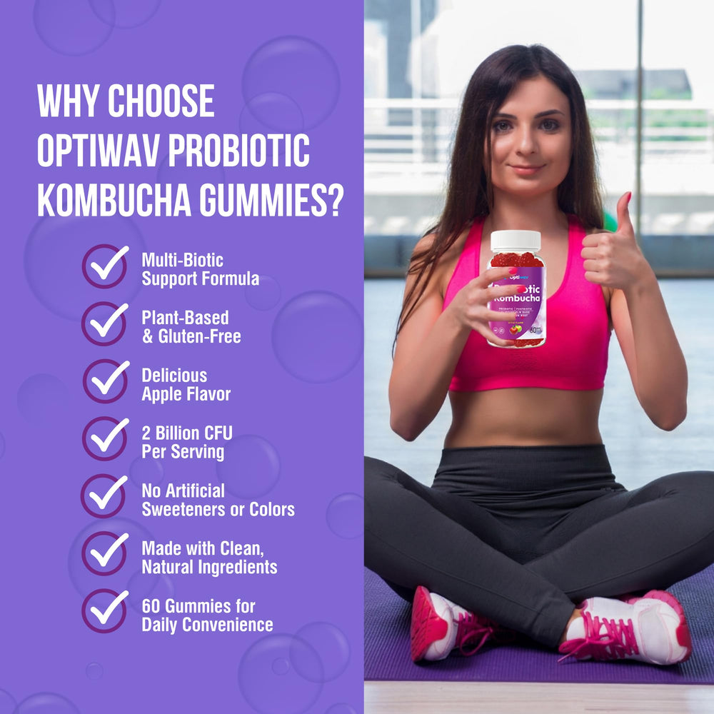 Optiwav Probiotic Kombucha Gummies packaging with nutrition label for informed choices.