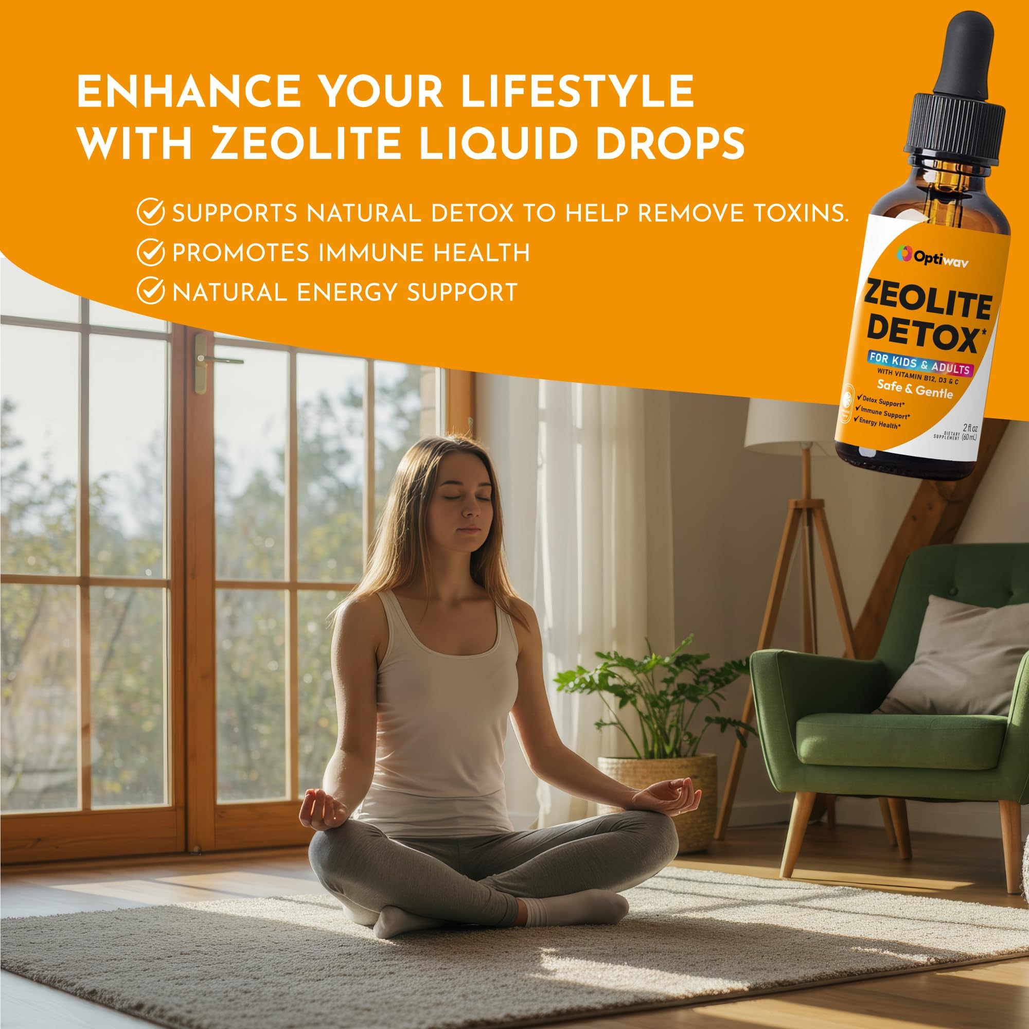 Optiwav Zeolite Detox Drops being poured into a glass for daily use.