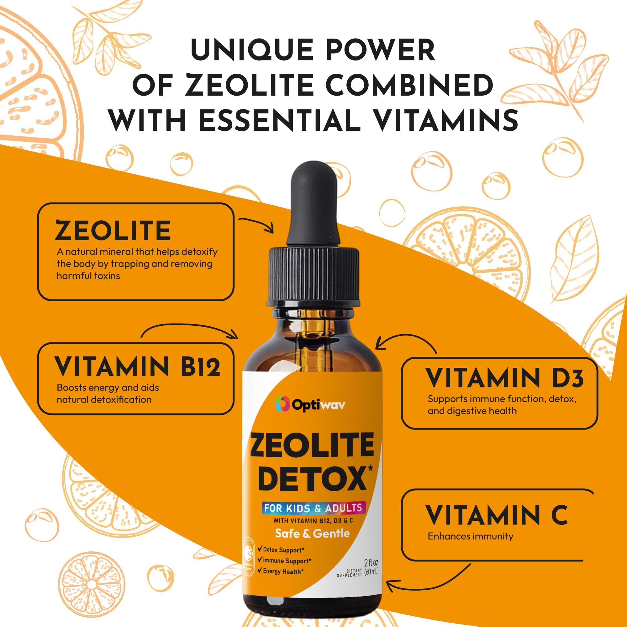 Optiwav Zeolite Detox Drops label view highlighting vegan orange flavor.