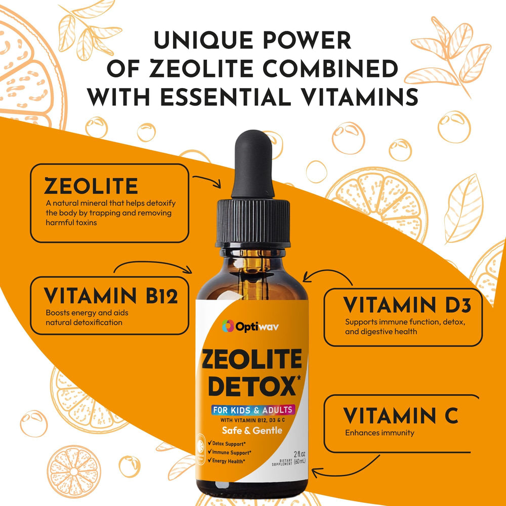 Optiwav Zeolite Detox Drops label view highlighting vegan orange flavor.