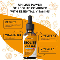 Optiwav Zeolite Detox Drops label view highlighting vegan orange flavor.