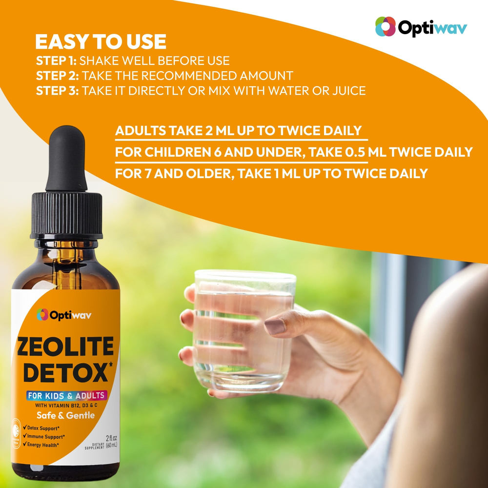 Optiwav Zeolite Detox Drops orange flavor in a clear bottle.