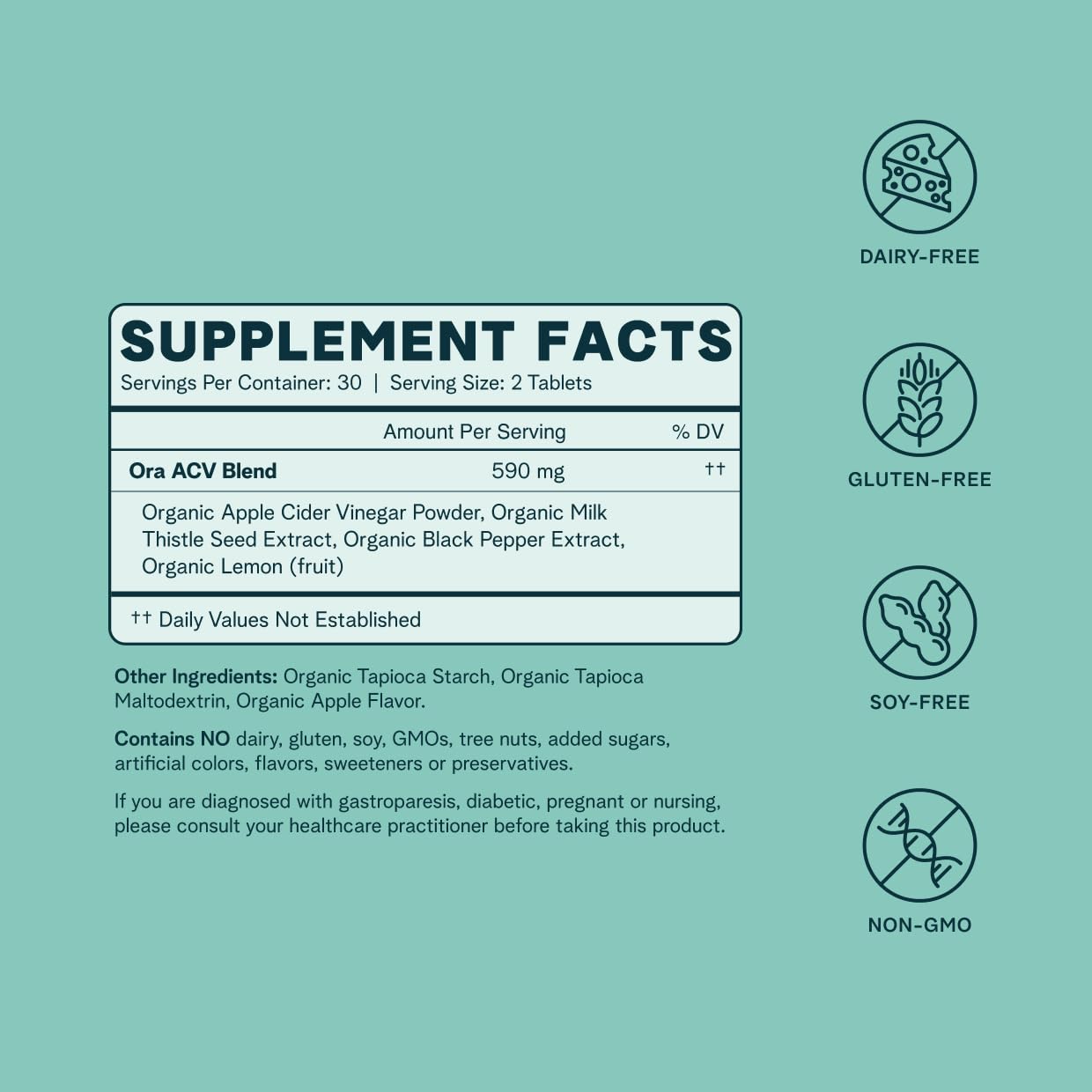 Ora Organic ACV pills bottle label shows lemon and milk thistle for detox support.