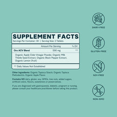 Ora Organic ACV pills bottle label shows lemon and milk thistle for detox support.