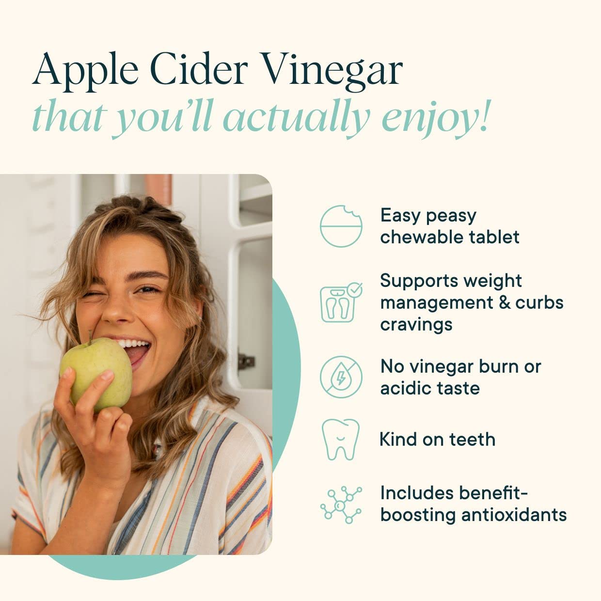 Ora Organic ACV pills green apple flavored beside fresh apples for tasty intake.