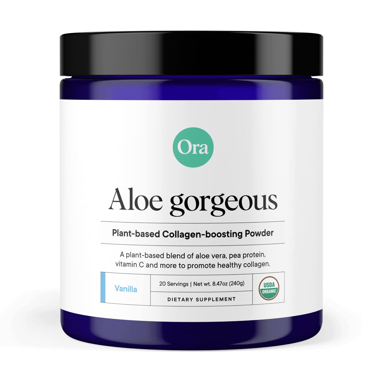 Ora Organic Aloe Gorgeous bottle showing vegan collagen-boosting formula for skin and hair.