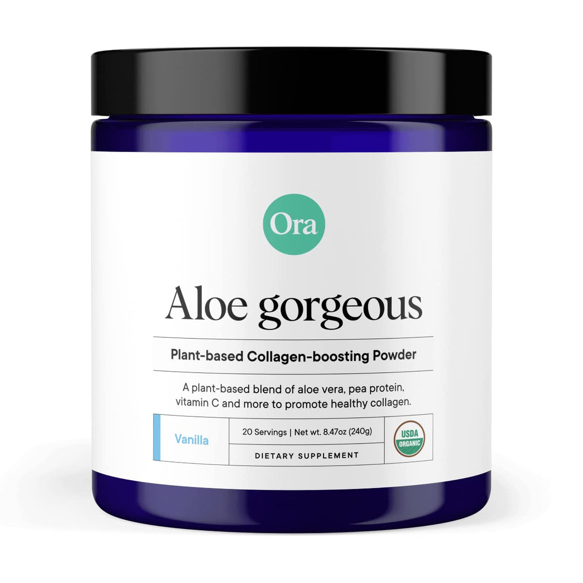 Ora Organic Aloe Gorgeous bottle showing vegan collagen-boosting formula for skin and hair.