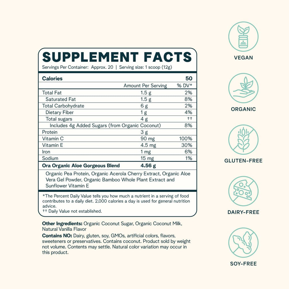 Ora Organic Aloe Gorgeous plant-based protein blend pictured for a balanced shake.