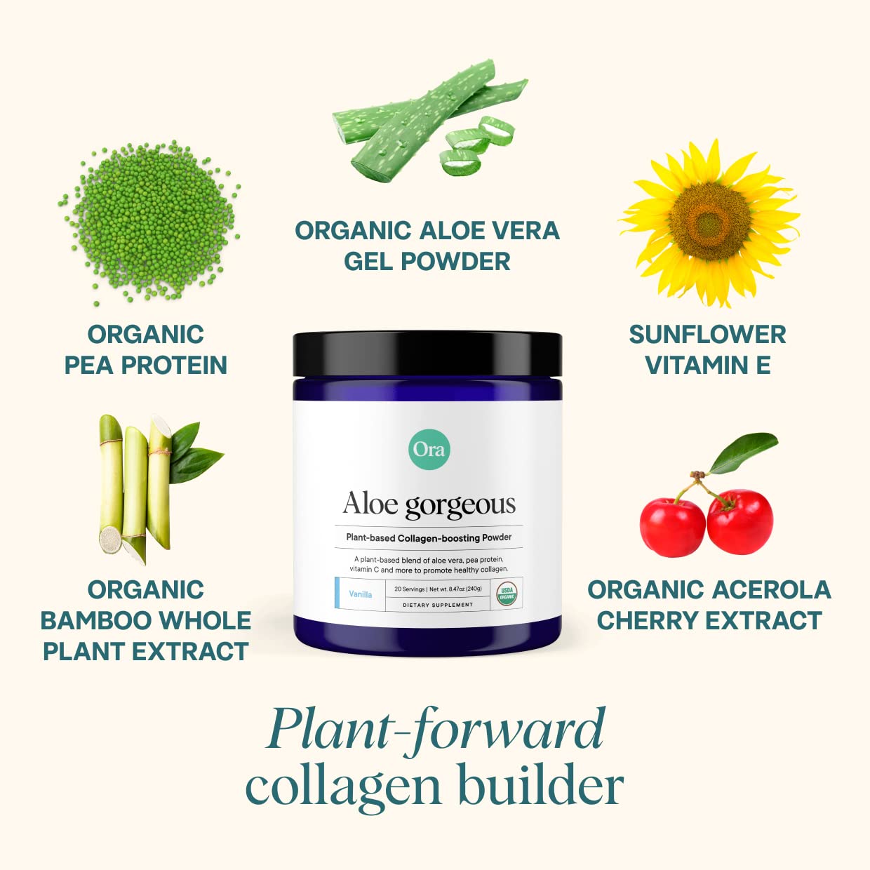 Ora Organic Aloe Gorgeous scoop beside bottle for easy daily mixing.