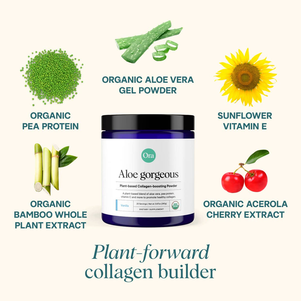 Ora Organic Aloe Gorgeous scoop beside bottle for easy daily mixing.