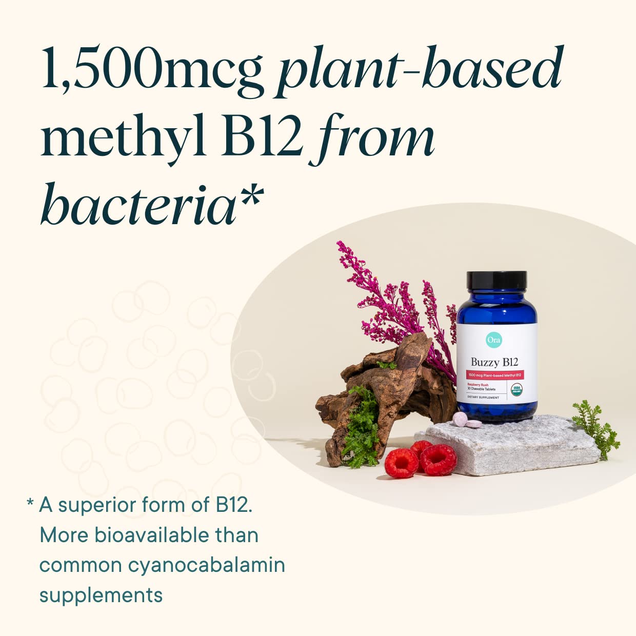 Angle shot of Ora Organic B12 bottle on desk for convenient daily energy