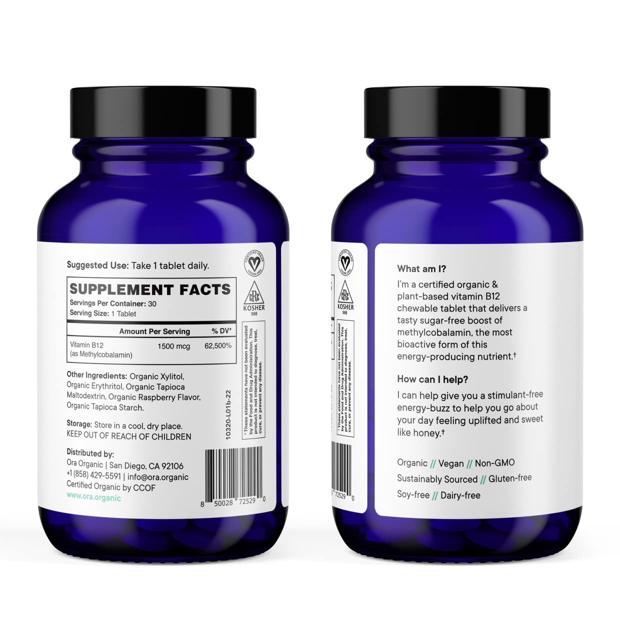 Bottle front label of Ora Organic B12 1500mcg vegan-certified supplement
