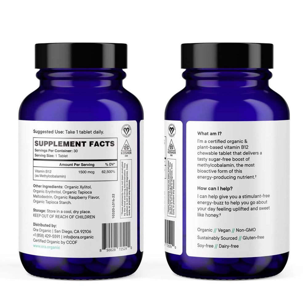 Bottle front label of Ora Organic B12 1500mcg vegan-certified supplement