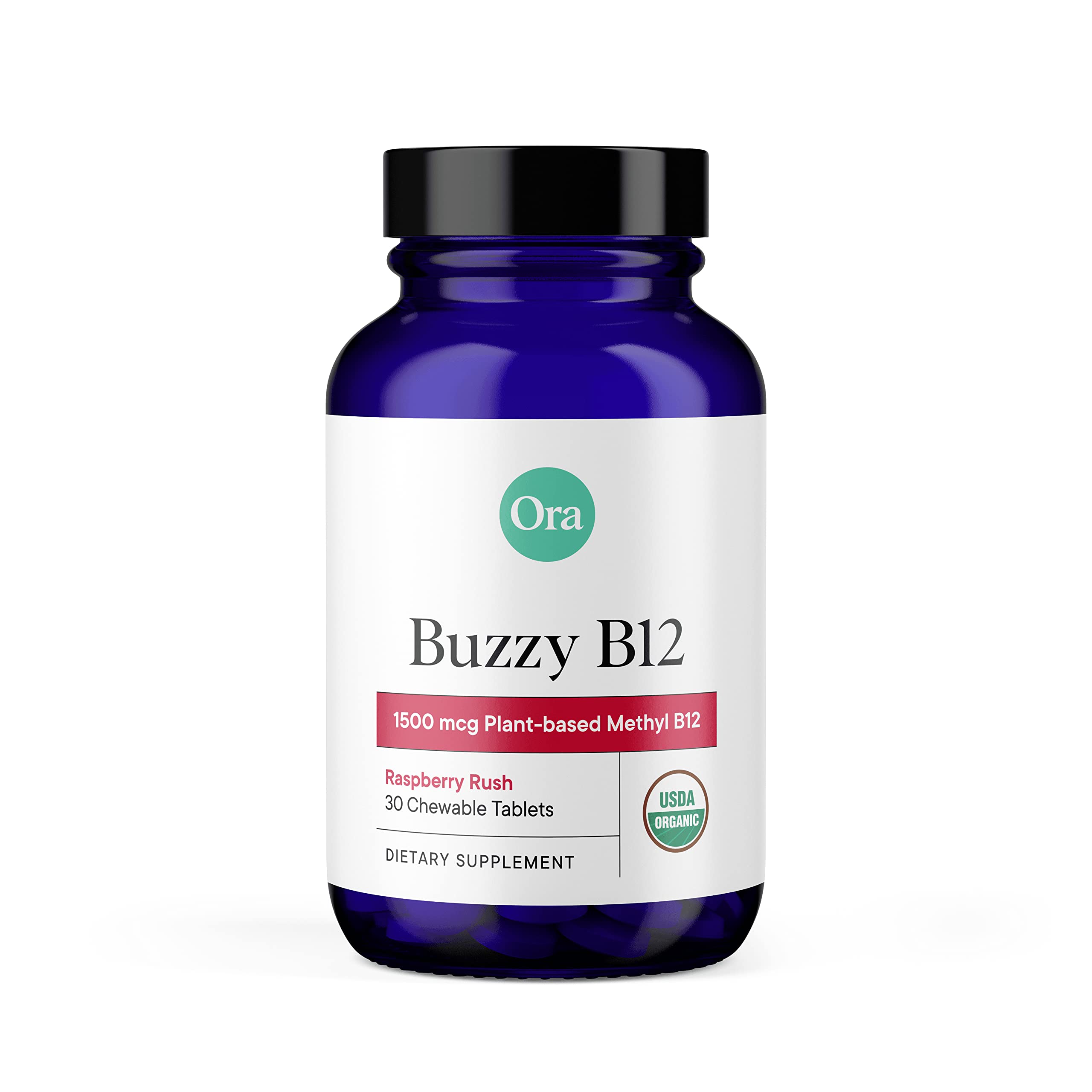 Ora Organic B12 raspberry chewable tablets in bottle for natural energy support