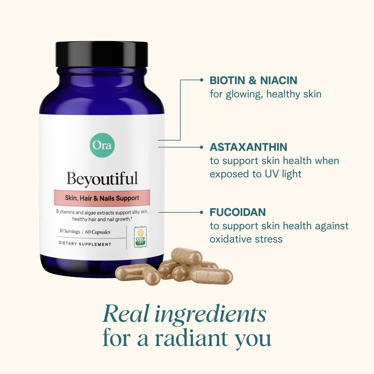 Ora Organic Beyoutiful astaxanthin and algae image indicating antioxidant skin support