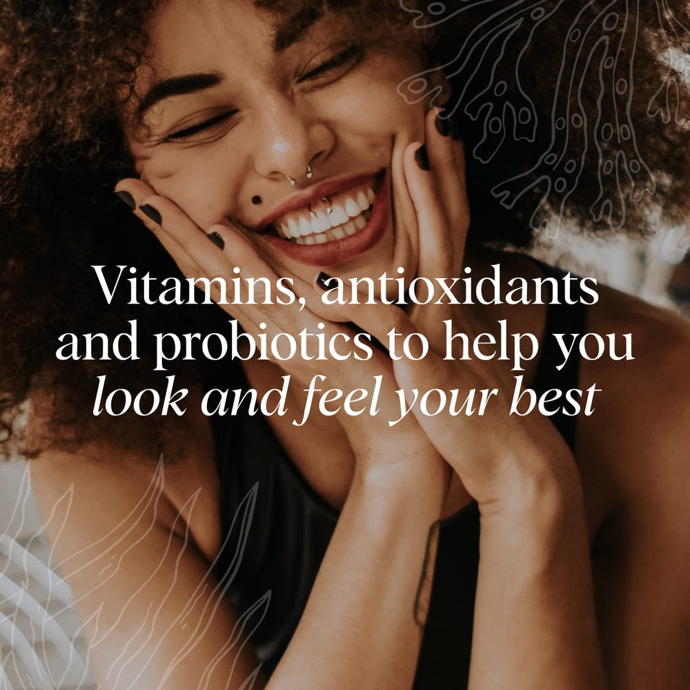Ora Organic Beyoutiful capsules closeup highlighting vegan formula for healthier hair and skin