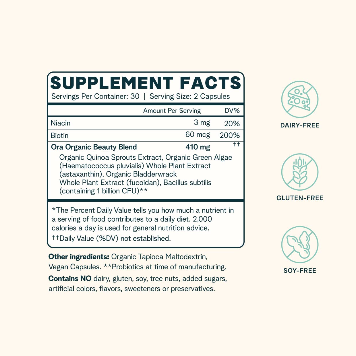 Ora Organic Beyoutiful label emphasizing organic sourcing for clean beauty ingredients