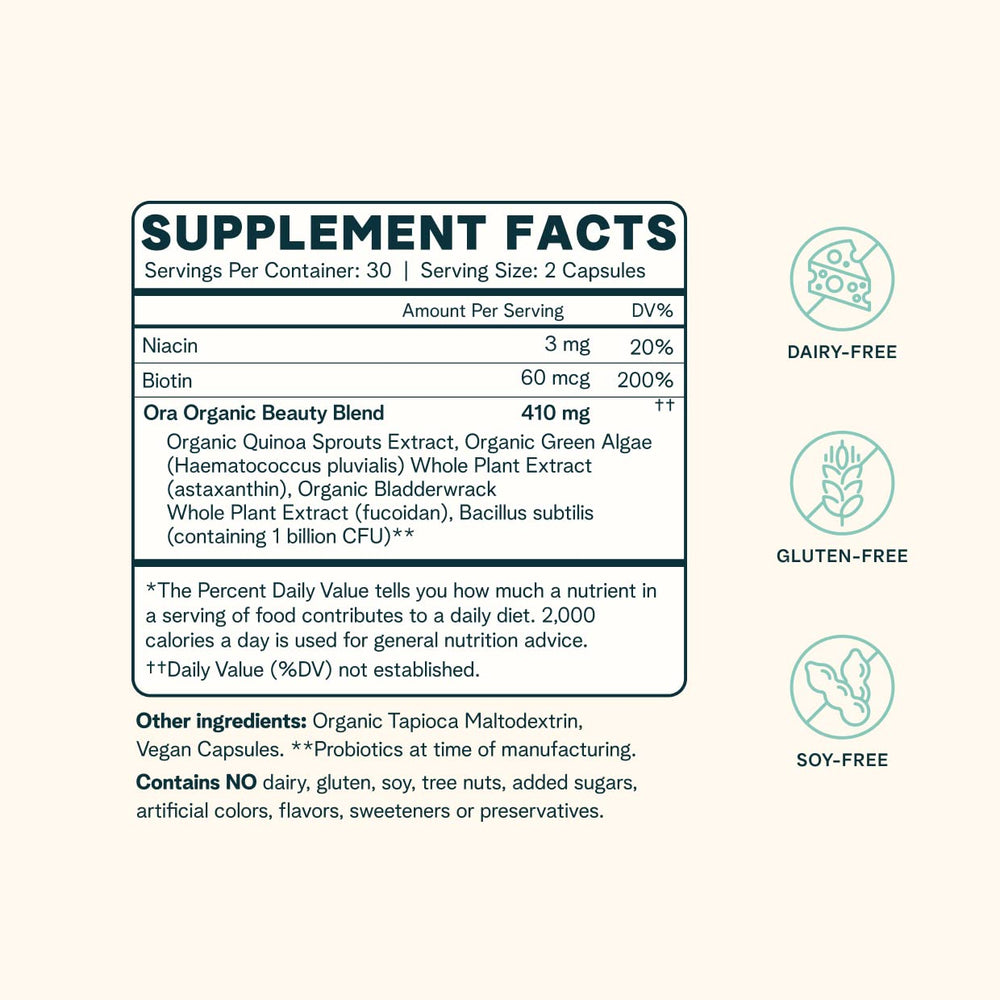 Ora Organic Beyoutiful label emphasizing organic sourcing for clean beauty ingredients