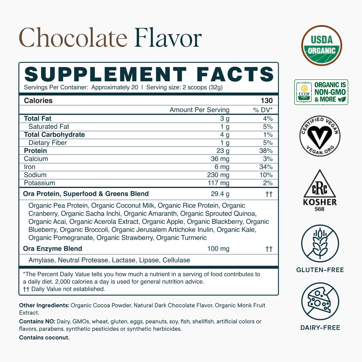 Award-winning chocolate flavor of Ora Organic protein powder